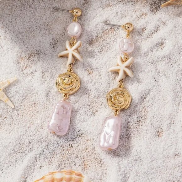 NWT Gold Starfish & Pearl Dangle Earrings beachy boho Coastal Jewelry Gift - Picture 4 of 8